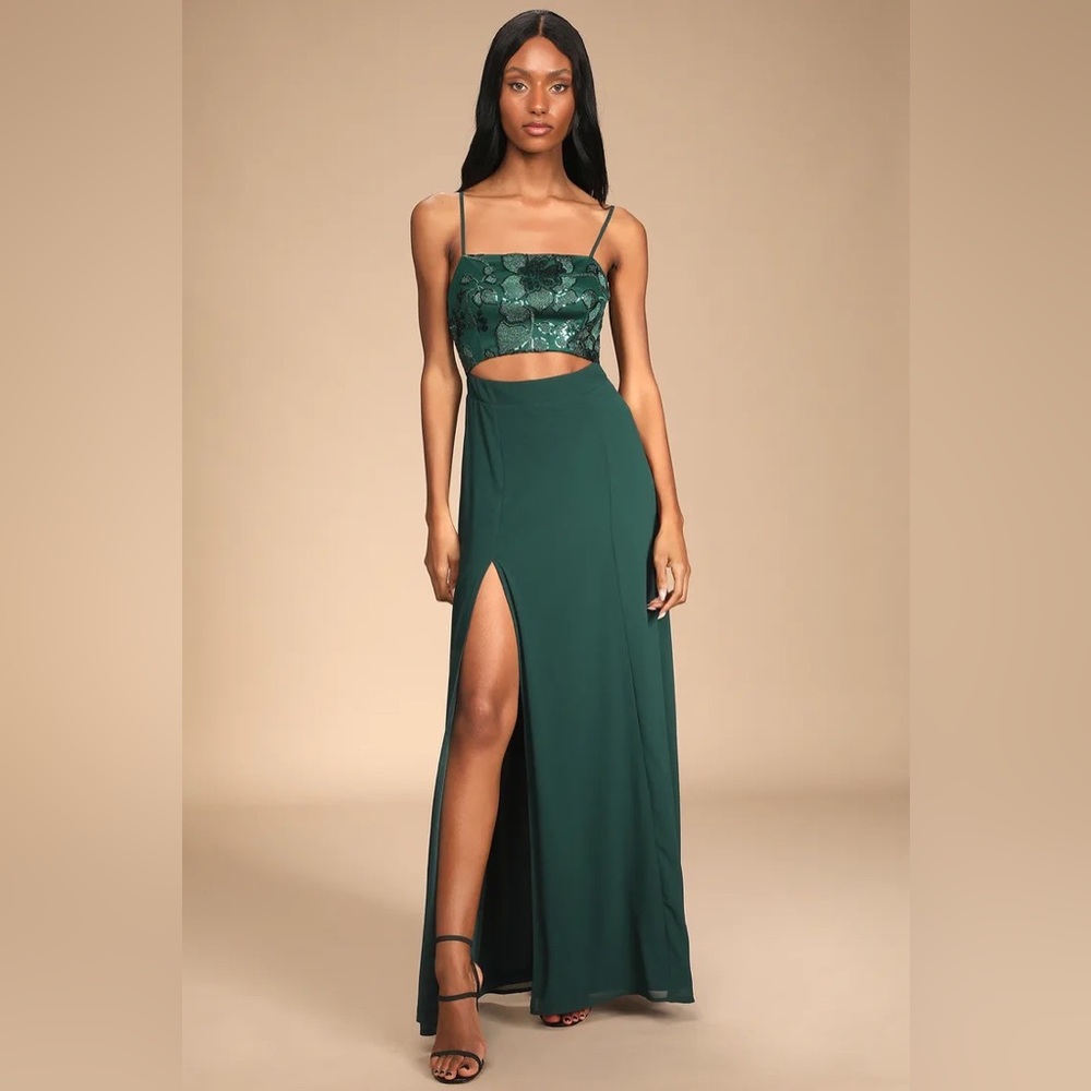 Lulus Forest Green Sequin Cutout Maxi Dress